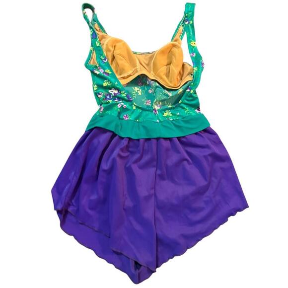 Sirena 80s Floral Skirted Swimsuit – Green & Purple Retro Swim Dress, Size 10 - Picture 2 of 6